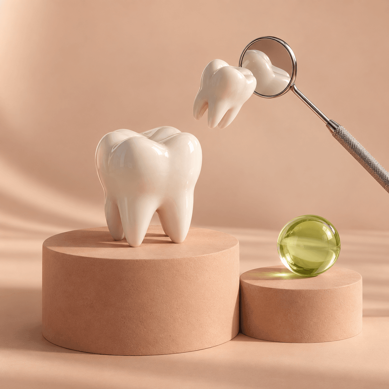 Ilustrație 3D cu dinți din ceramică și o oglindă dentară, pe un fundal în nuanțe de piersică